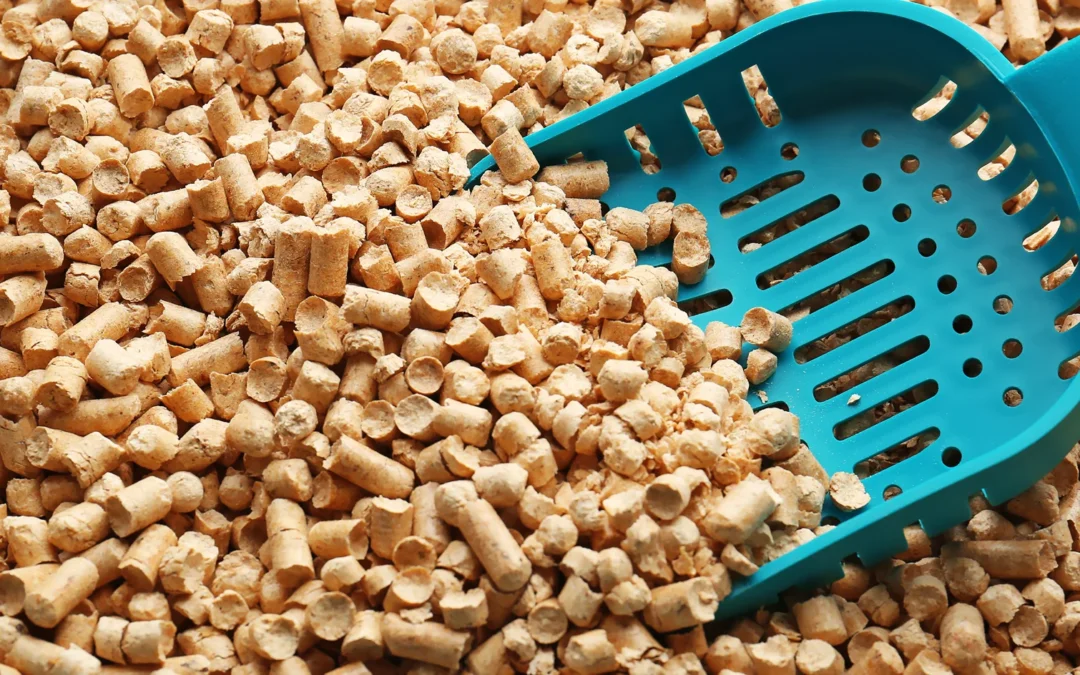 wood pellet cat litter in a tray with scoop